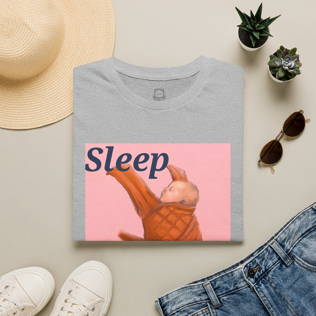 Gray kids t-shirt with “Sleep” sleeping baby graphic