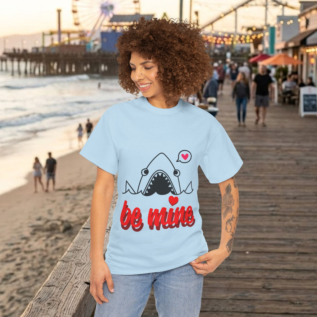 Light blue crewneck t-shirt with shark graphic and red “be mine” text