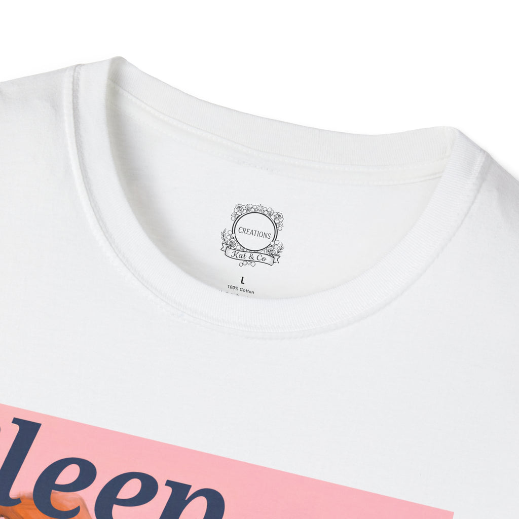 White baby graphic t-shirt neckline with small brand tag; 'Sleep' graphic partly visible