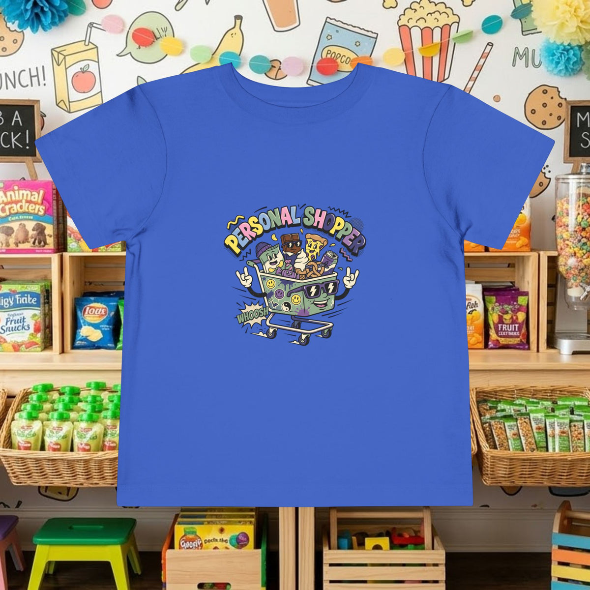 Toddler T-shirt in royal blue with “Personal Shopper” shopping cart graphic on front