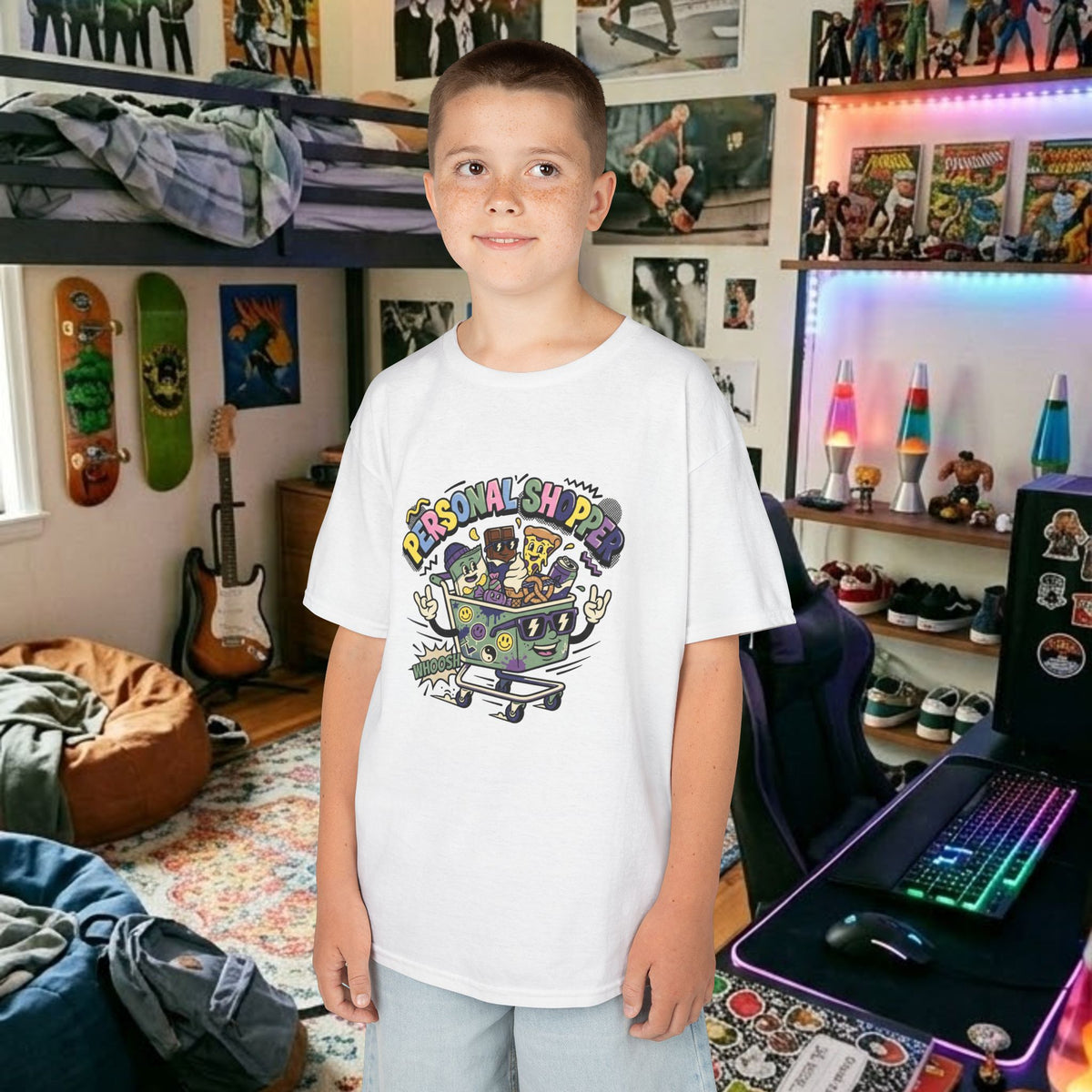 Kids white crewneck graphic tee worn by a boy; colorful “Personal Shopper” design