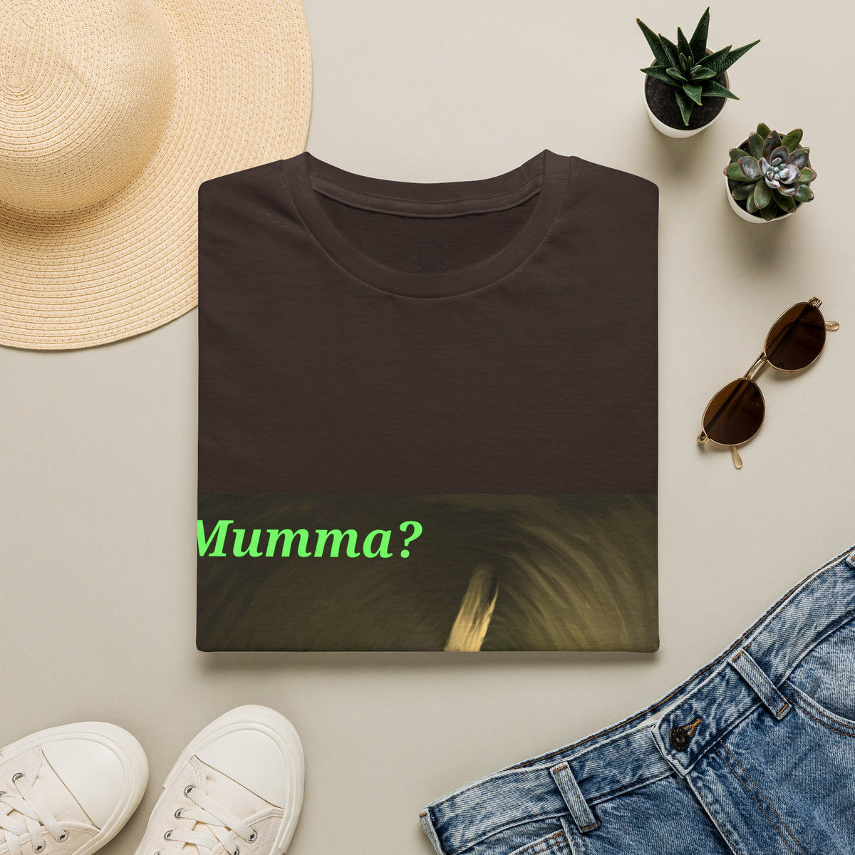 Dark brown crew-neck T-shirt with ceiling fan artwork and green 'Mumma?' print