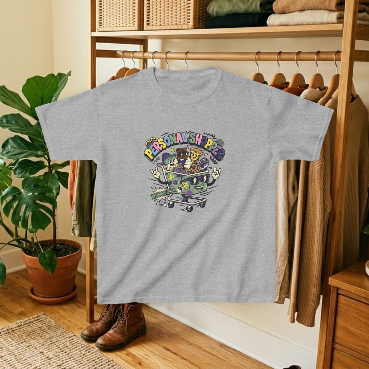 Kids sport grey crewneck graphic tee with colorful shopping-cart and “Personal Shopper” design