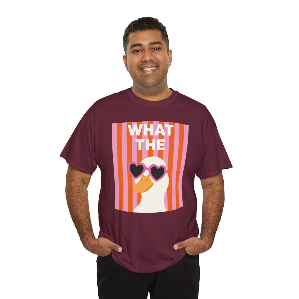 Maroon crewneck t-shirt with retro heart sunglasses graphic panel, front view.
