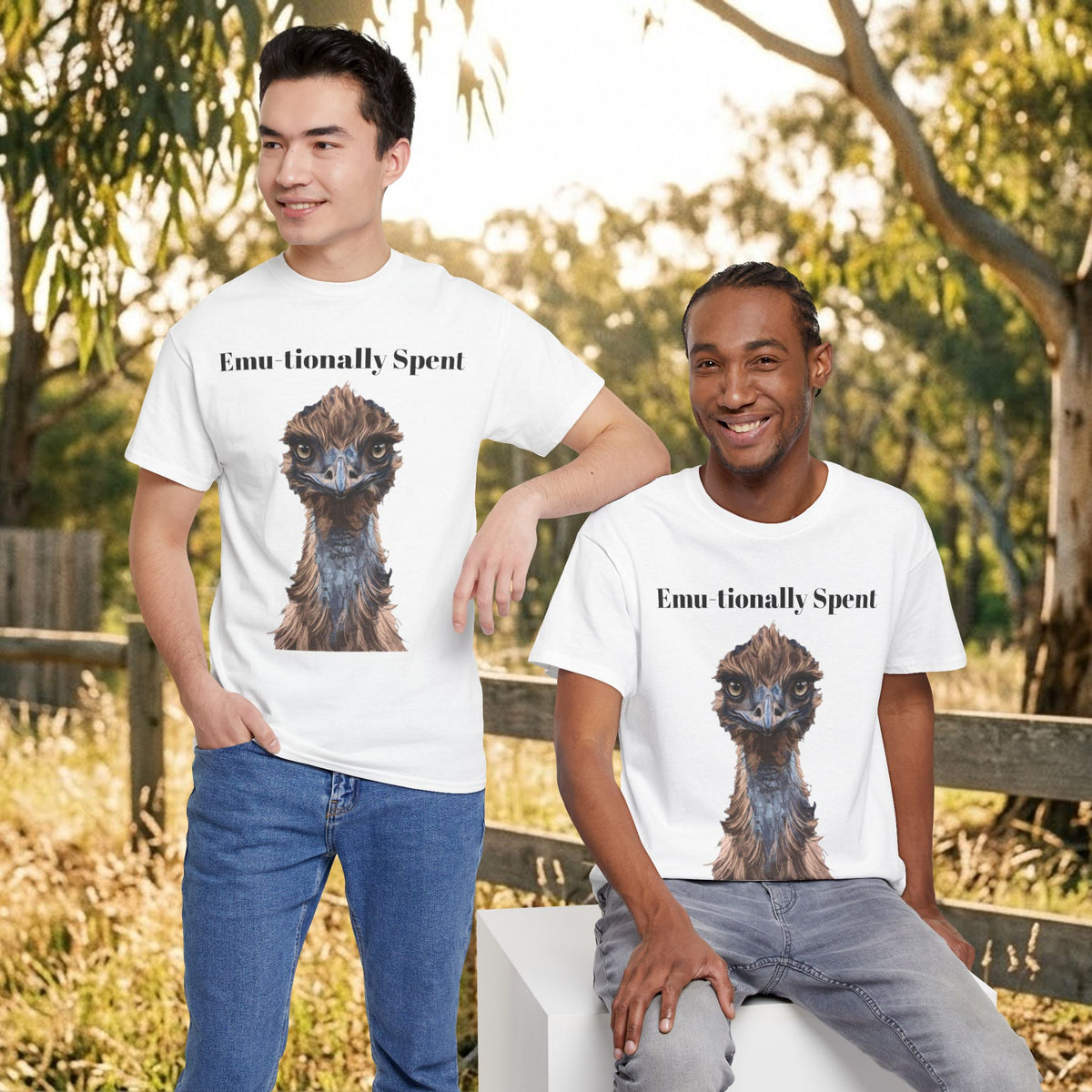 White crew-neck T-shirt with “Emu-tionally Spent” emu graphic, worn by two men