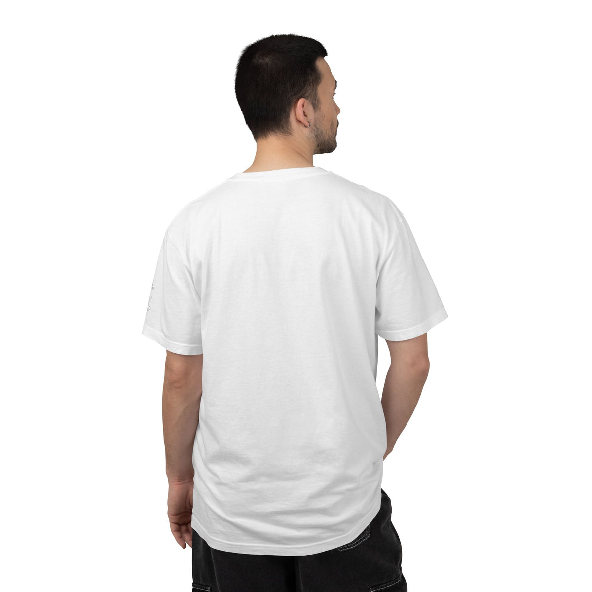 White T-shirt back view with crew neck; no visible print from the rear.