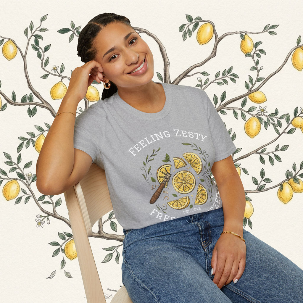 Heather gray graphic tee with “Feeling Zesty” lemon slice front design