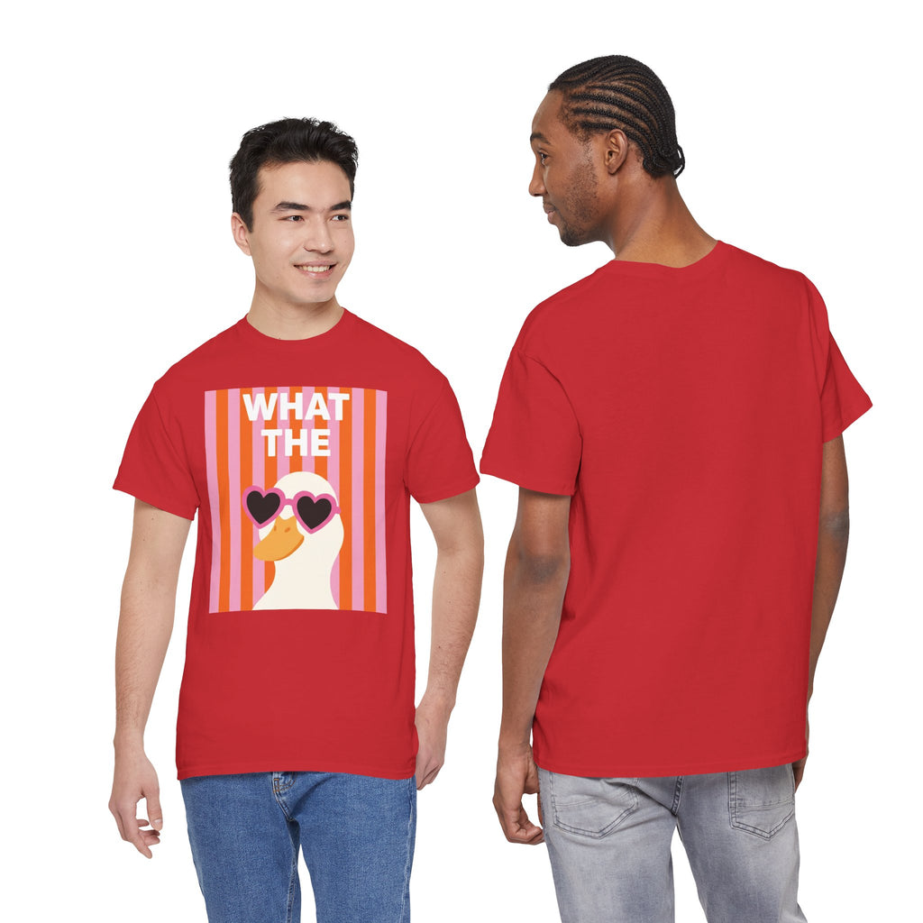 Red cotton graphic tee shown front and back; duck-heart sunglasses “WHAT THE” print