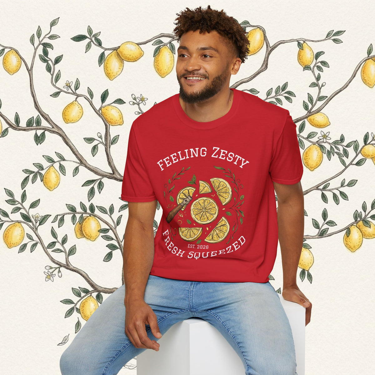 Red graphic T-shirt with lemon slice 'Fresh Squeezed' text
