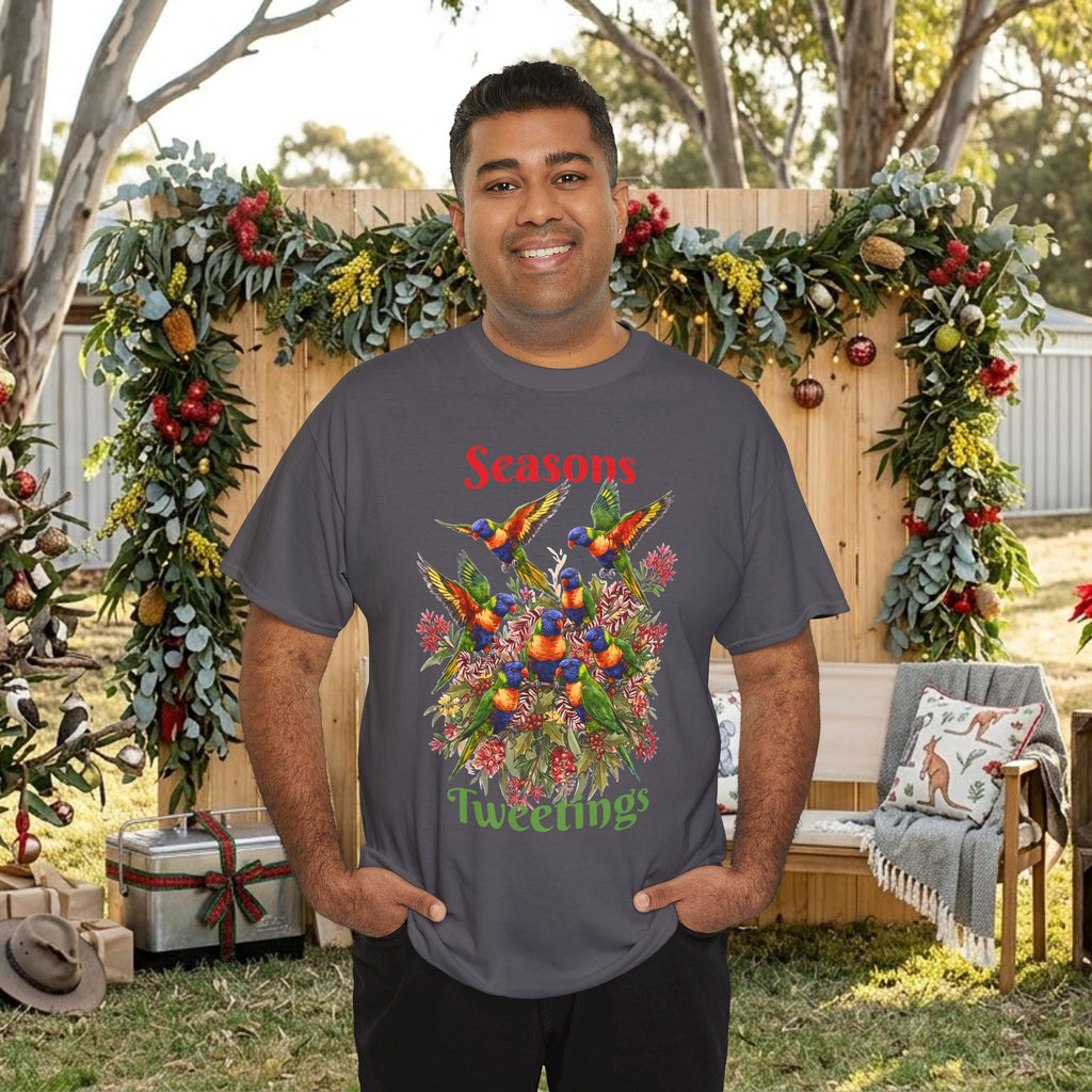 Dark gray T-shirt with colorful birds floral holiday graphic and 'Seasons Tweetings' text
