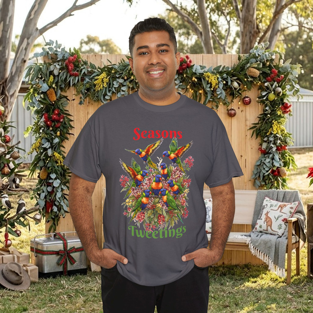 Dark gray T-shirt with colorful birds floral holiday graphic and 'Seasons Tweetings' text