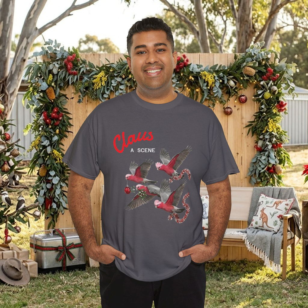 Charcoal Christmas T-shirt with “Claus” text and red flying bird graphic