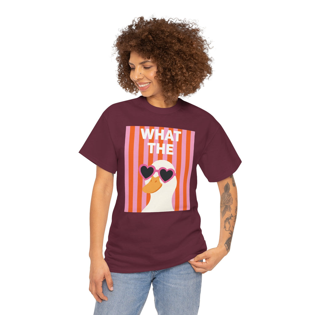 Maroon cotton graphic tee worn by model, featuring “WHAT THE” striped portrait and heart sunglasses.