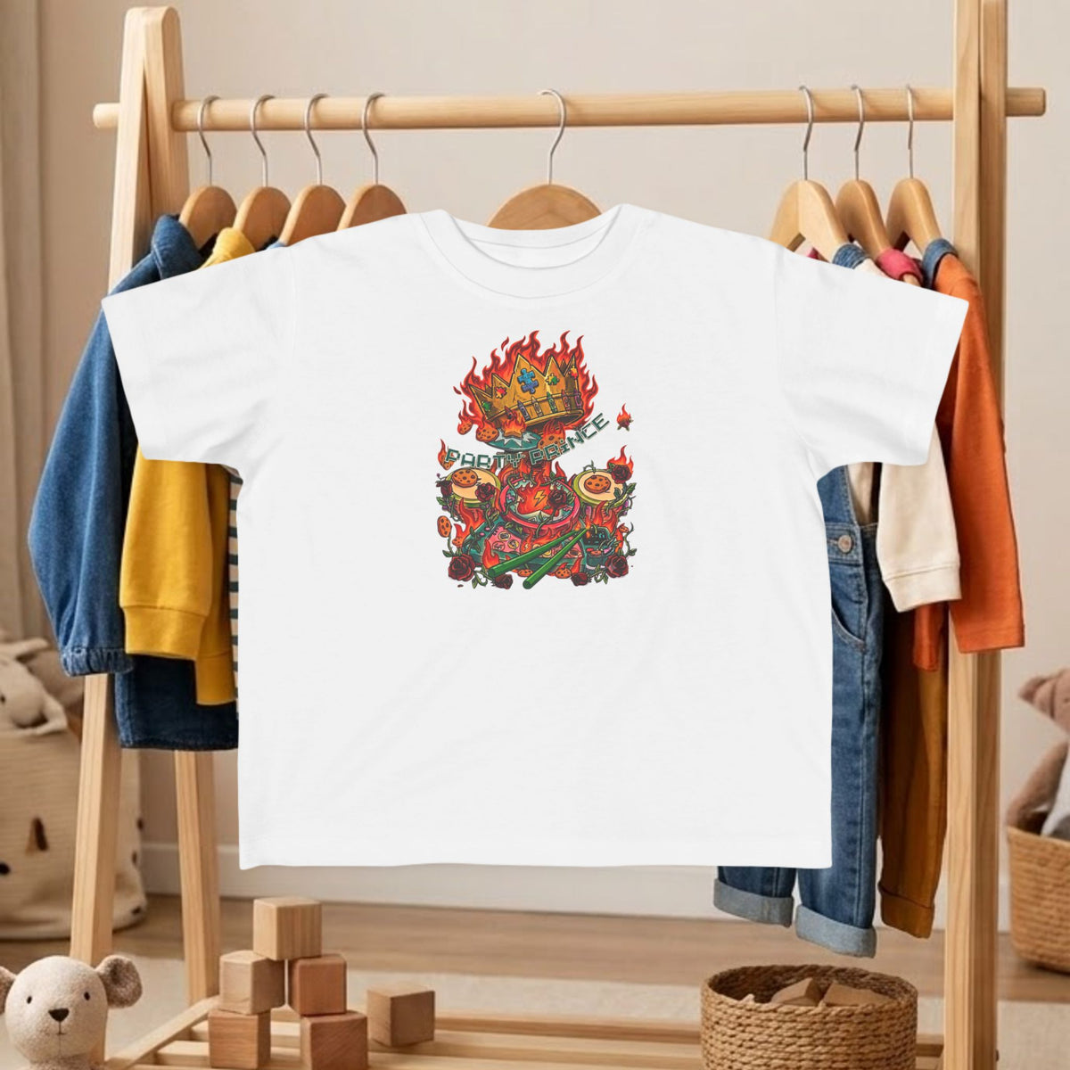 White toddler dinosaur graphic tee with flaming crown and cartoon dino artwork