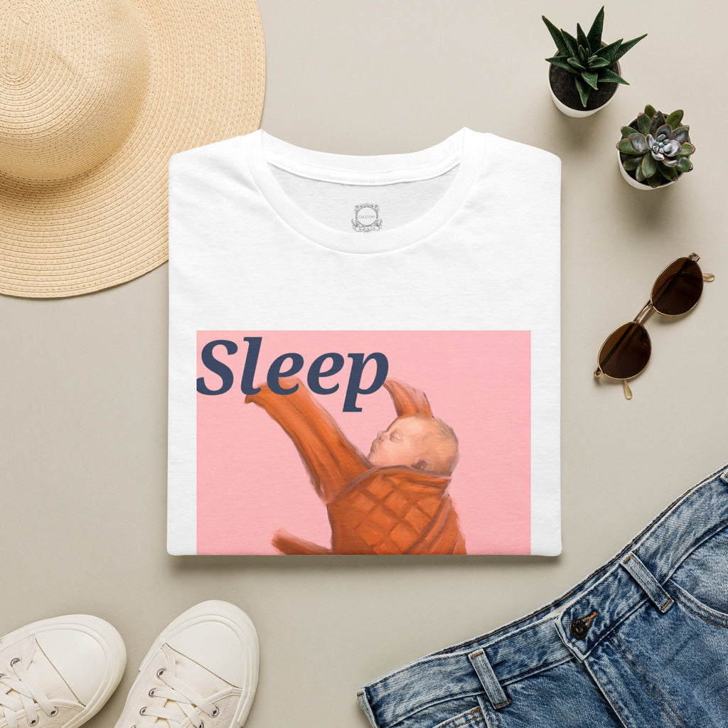 White baby graphic t-shirt with 'Sleep' sleeping infant illustration, pink square print