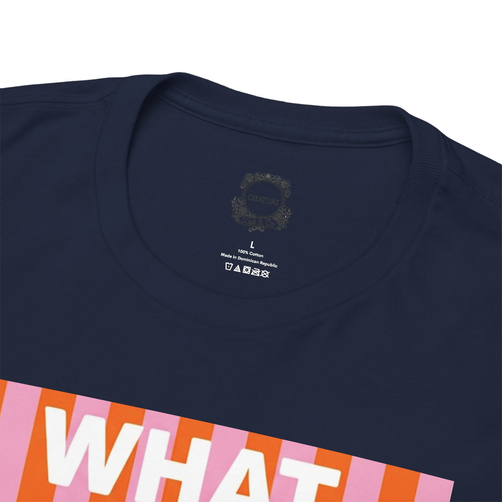 Navy T-shirt neckline close-up with retro heart sunglasses face graphic