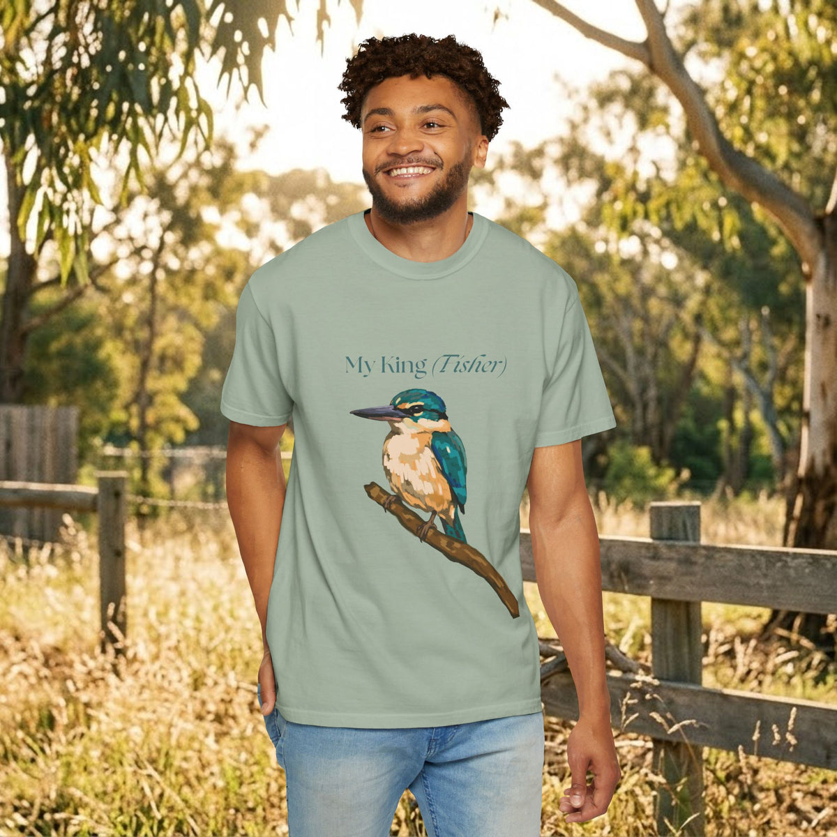 Seafoam green kingfisher graphic T-shirt on model, crew neck short sleeves