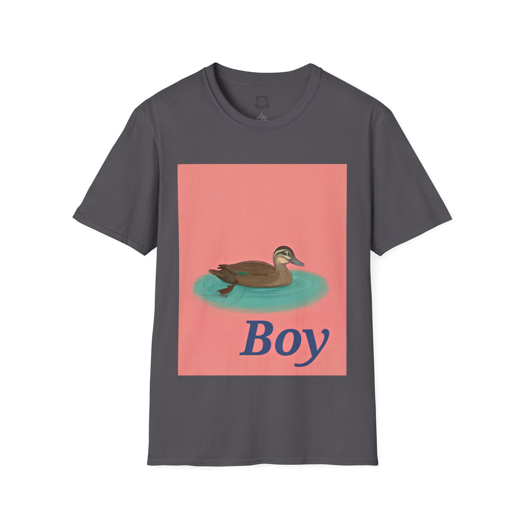 Charcoal gray crew-neck t-shirt with square duck-on-water graphic and 'Boy' text.