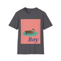 Charcoal gray crew-neck t-shirt with square duck-on-water graphic and 'Boy' text.