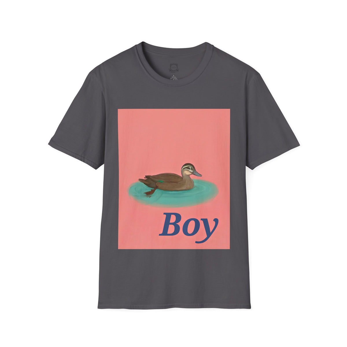 Charcoal gray crew-neck t-shirt with square duck-on-water graphic and 'Boy' text.