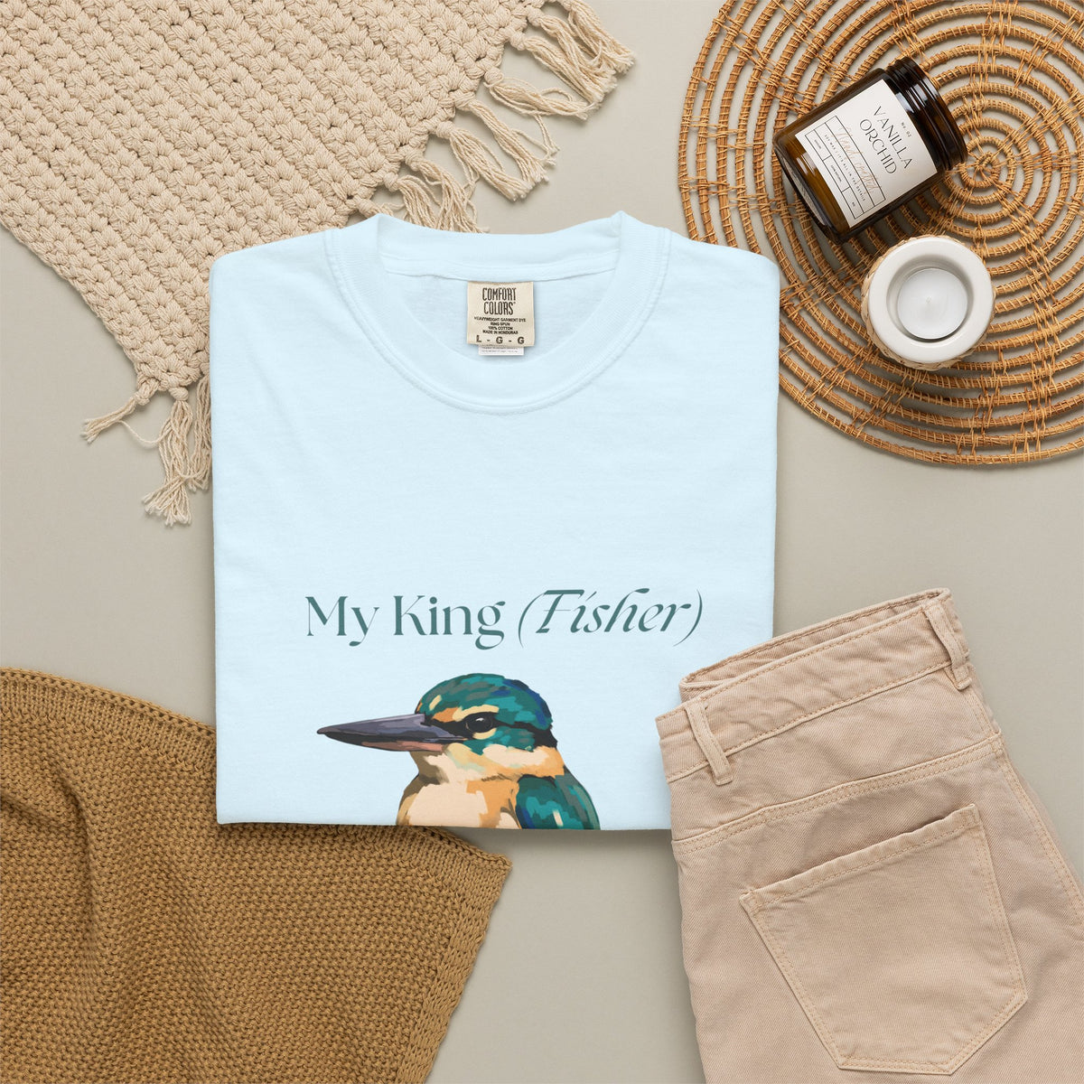 Light blue crew-neck kingfisher graphic T-shirt front, short sleeves