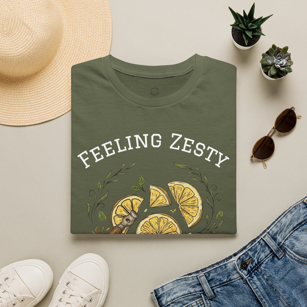 Olive green graphic tee with “FEELING ZESTY” citrus slice print across the chest