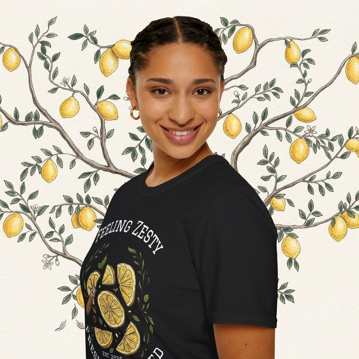Black citrus graphic tee with lemon slice artwork, crew neck short sleeves
