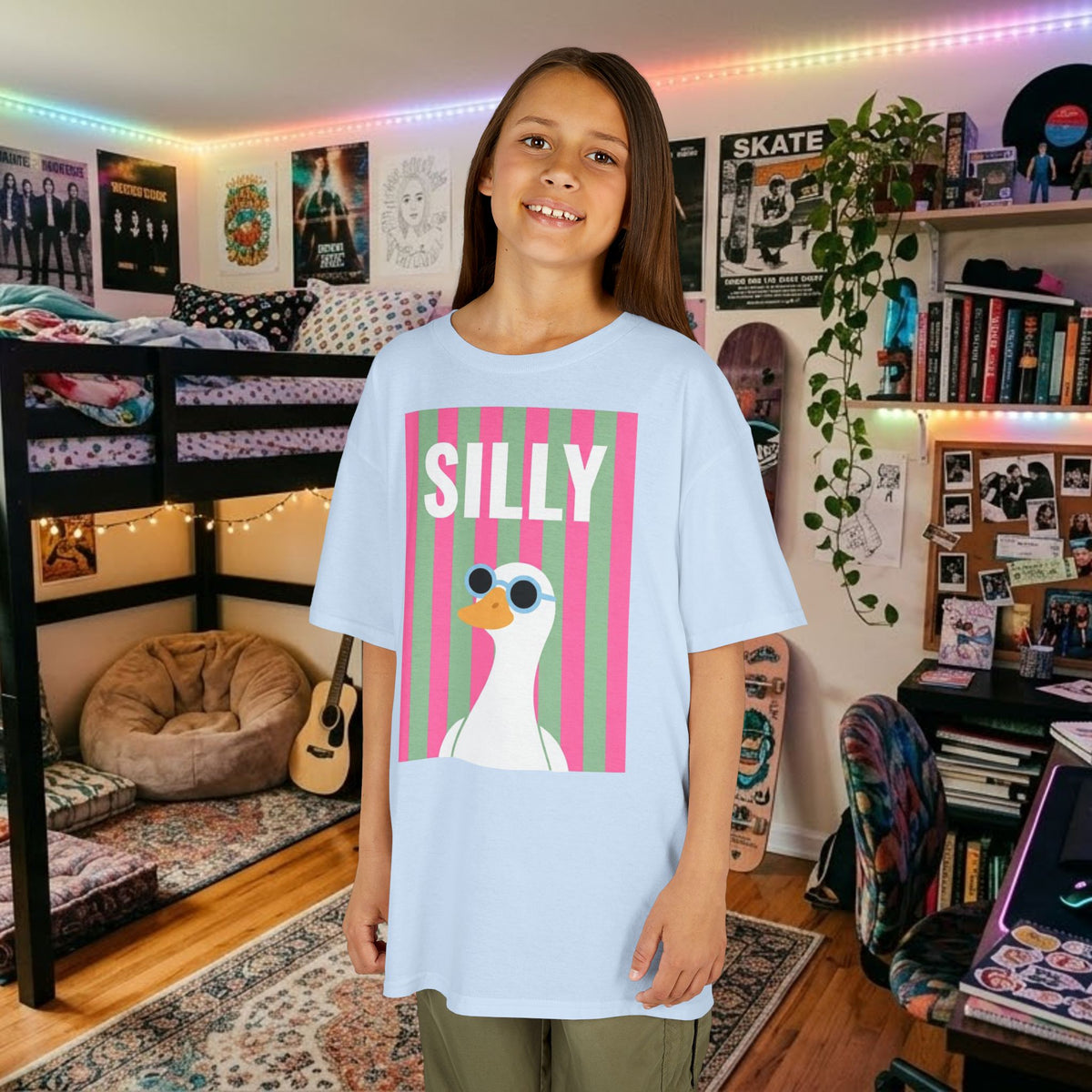 Kids light blue t-shirt with “SILLY” duck graphic; crew neck and short sleeves