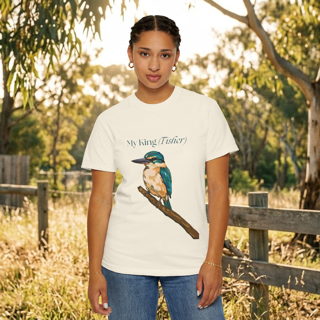 White kingfisher graphic T-shirt, front view with bird on branch and text