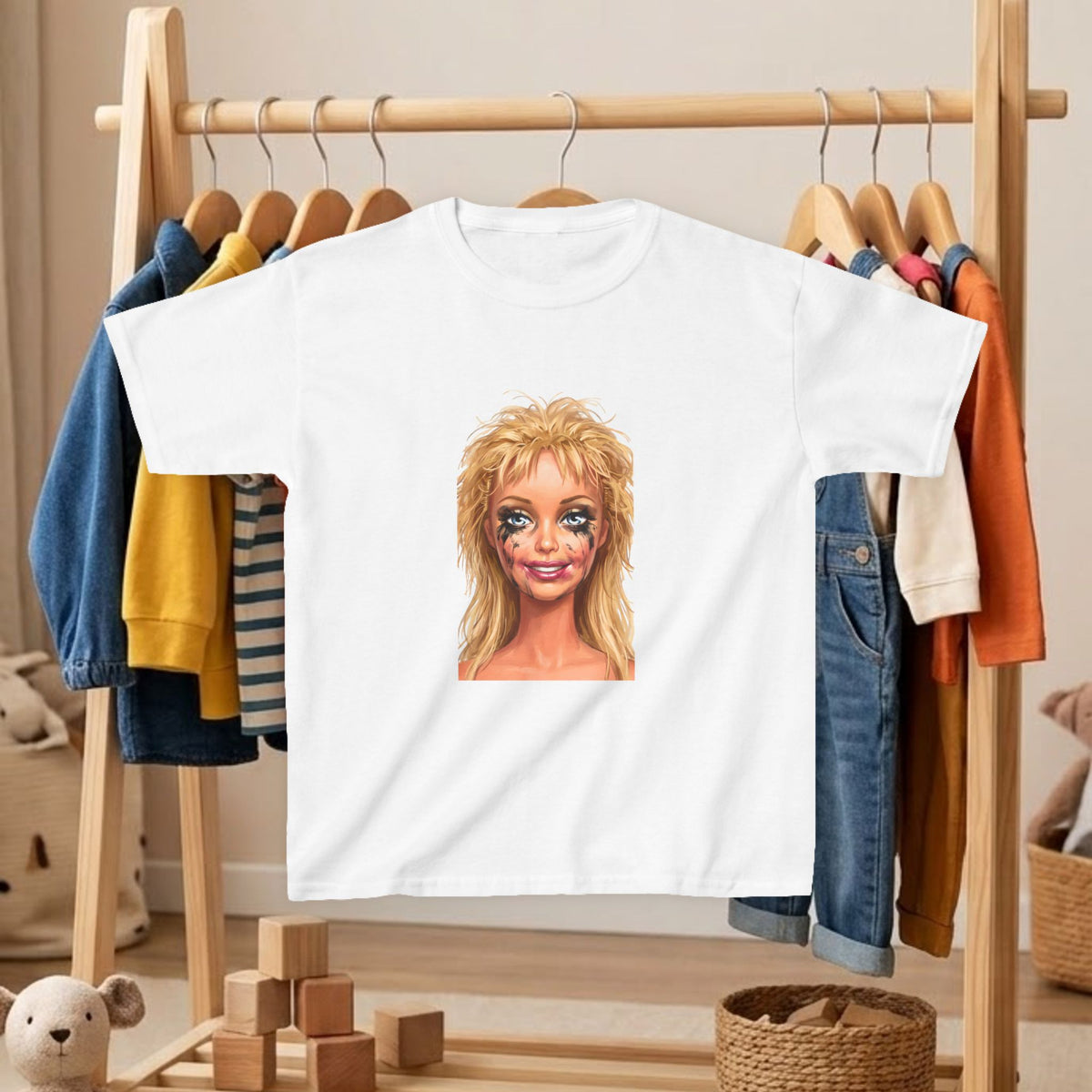 Kids' T-shirt in white with blonde doll portrait graphic on front