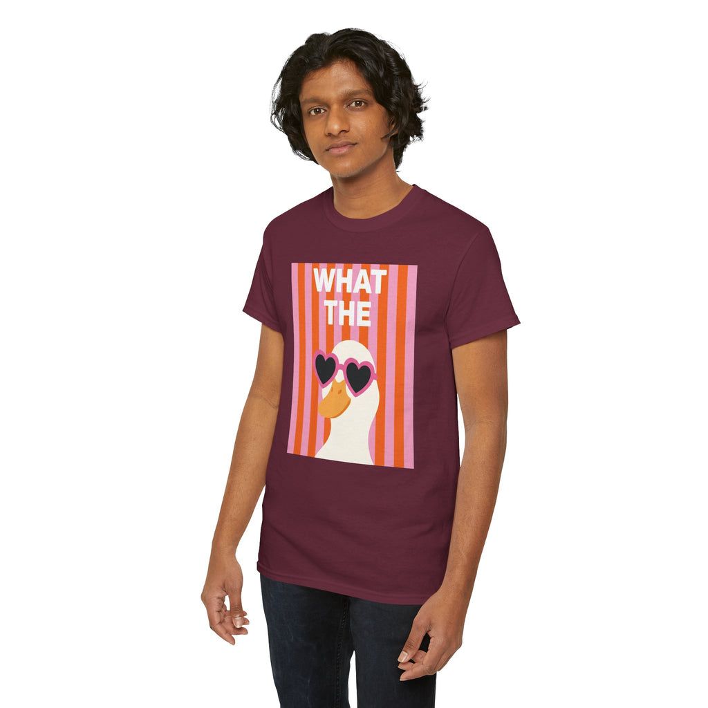 Maroon crewneck t-shirt with retro heart sunglasses graphic panel, angled front.