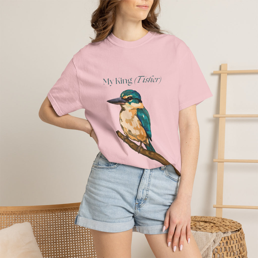 Pink kingfisher graphic t-shirt worn by model, crew neckline