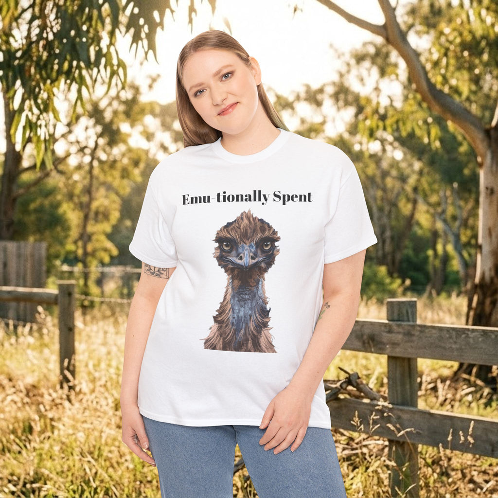 White emu-themed graphic t-shirt with slogan and detailed animal portrait on front