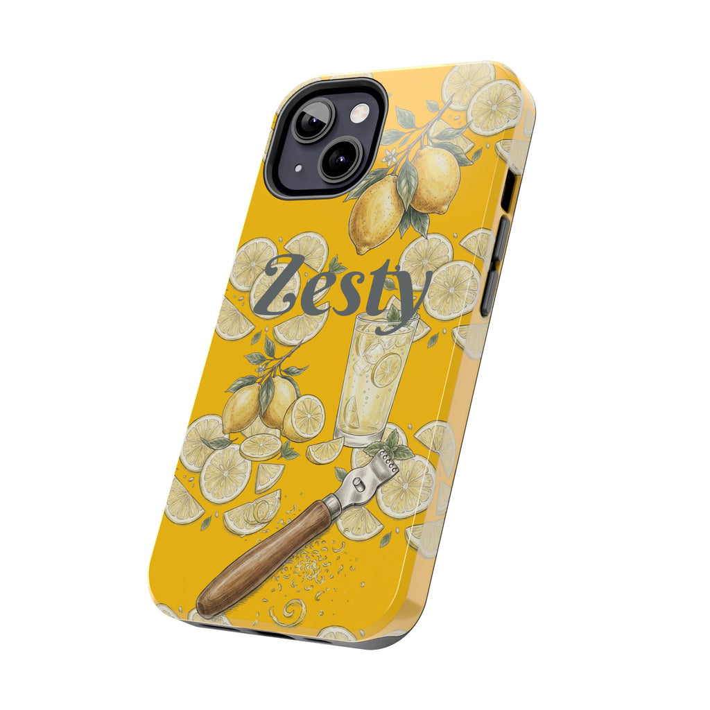 Angled yellow citrus illustrated tough phone case with three-lens camera cutout.