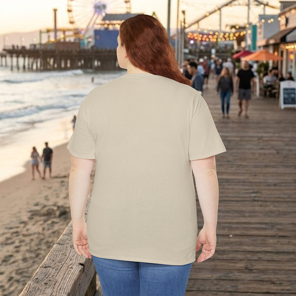 Back view of Natural shark T-shirt; plain fabric with no visible graphics