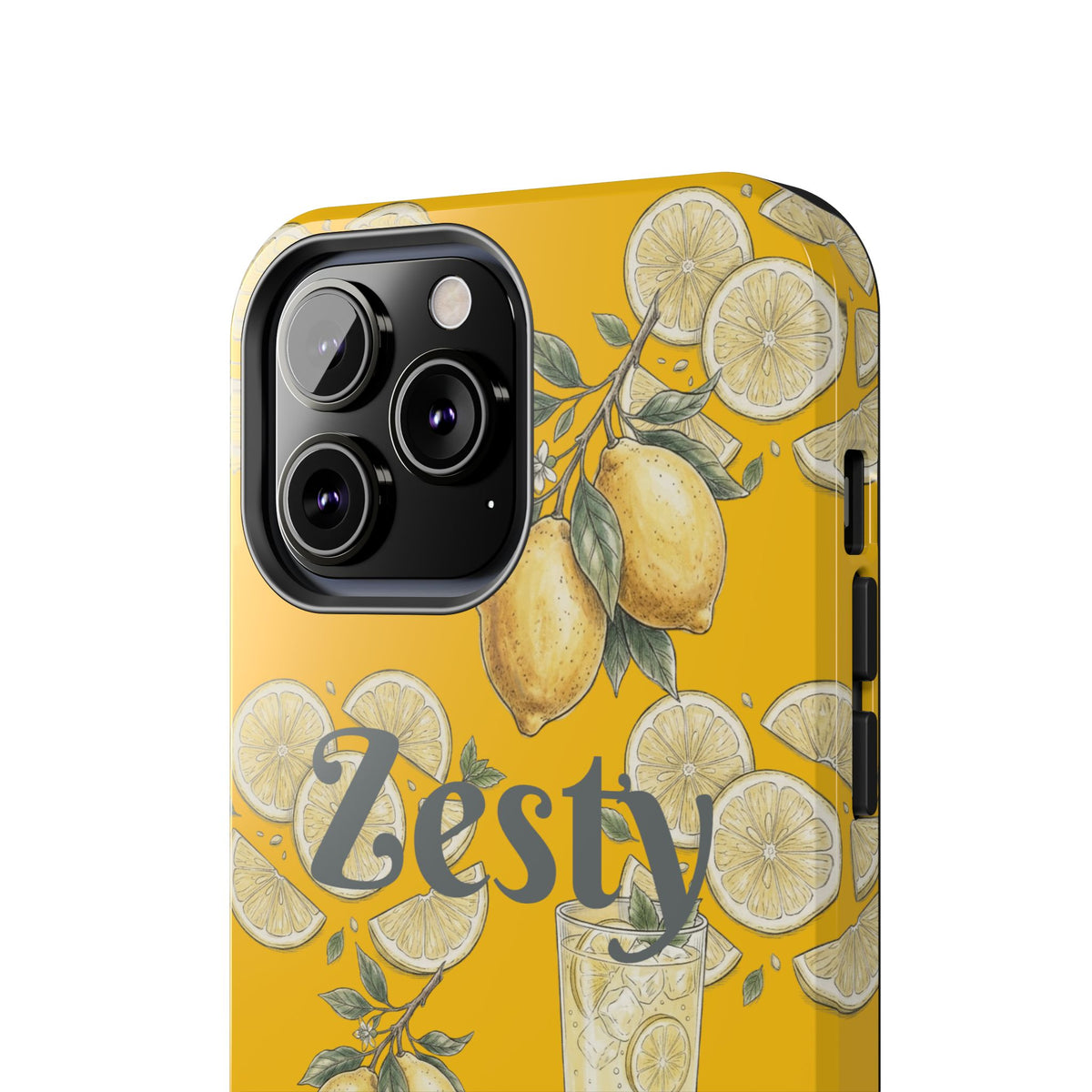 Yellow tough phone case with zesty citrus pattern and dual camera cutout