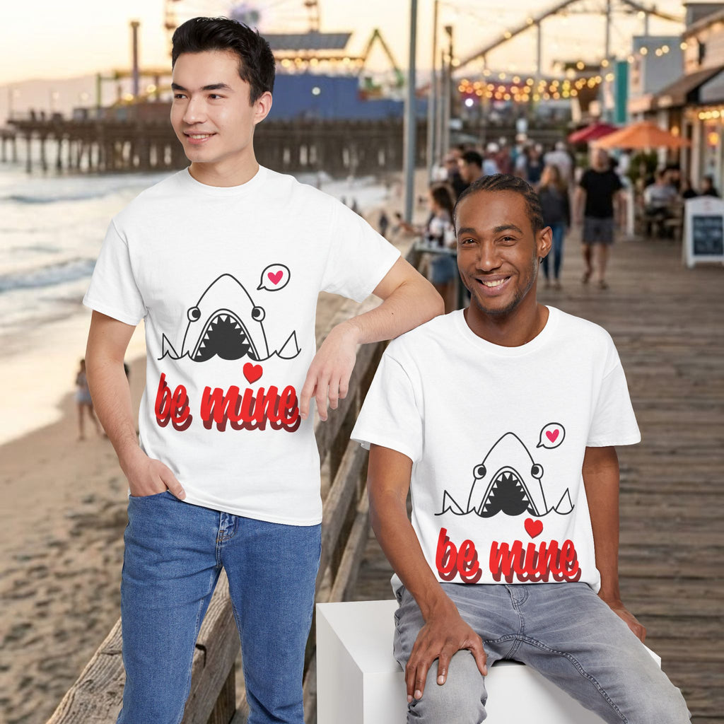 White T-shirts with shark graphic and red 'be mine' lettering