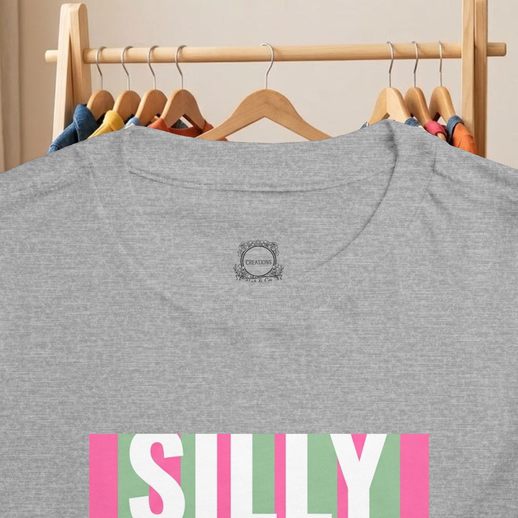 Heather gray toddler T-shirt close-up: “SILLY” striped graphic