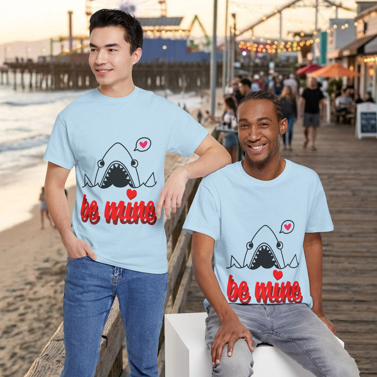 Light blue T-shirt with cartoon shark and red “be mine” graphic on chest, crew neck