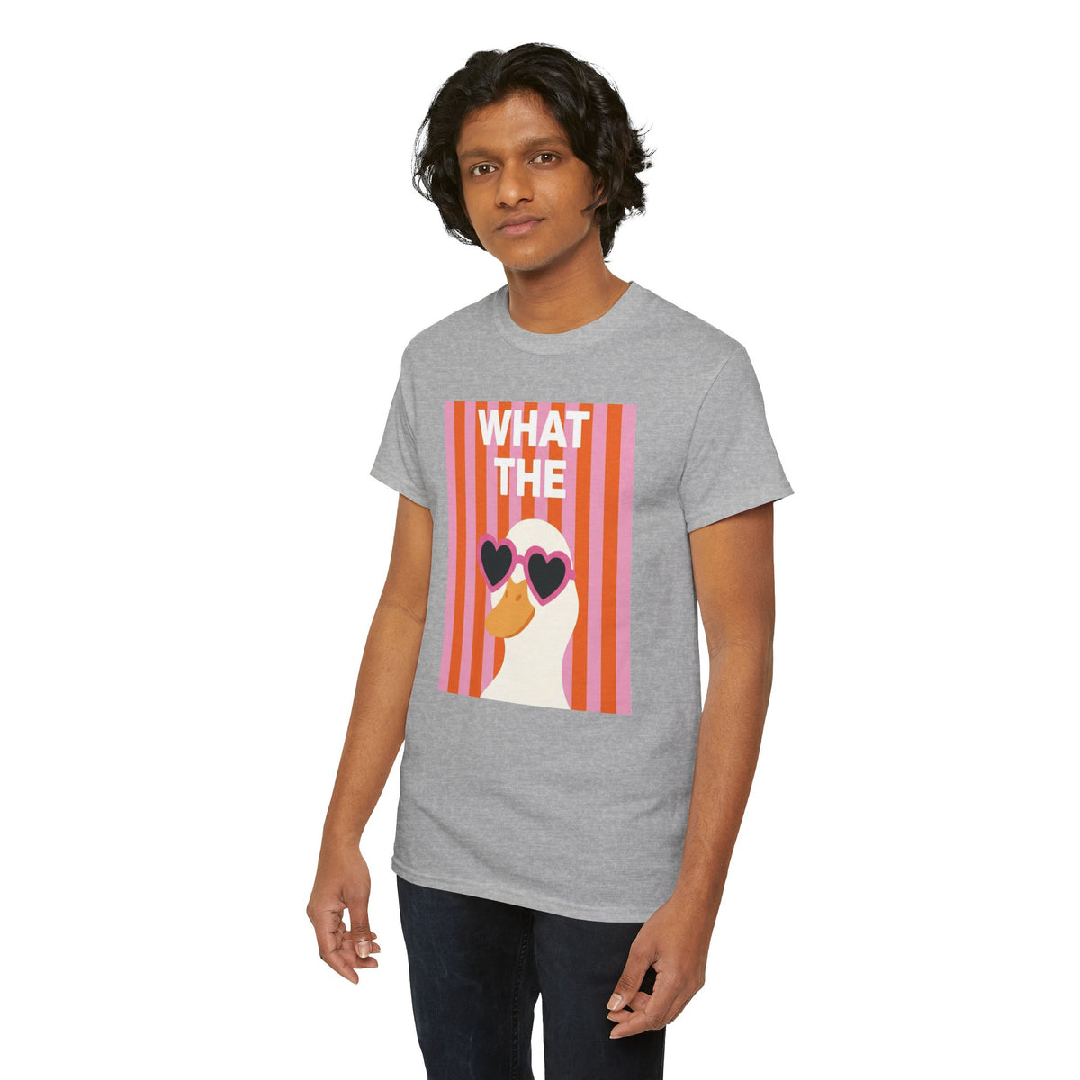 Heather gray T-shirt with duck heart sunglasses graphic, standing side view