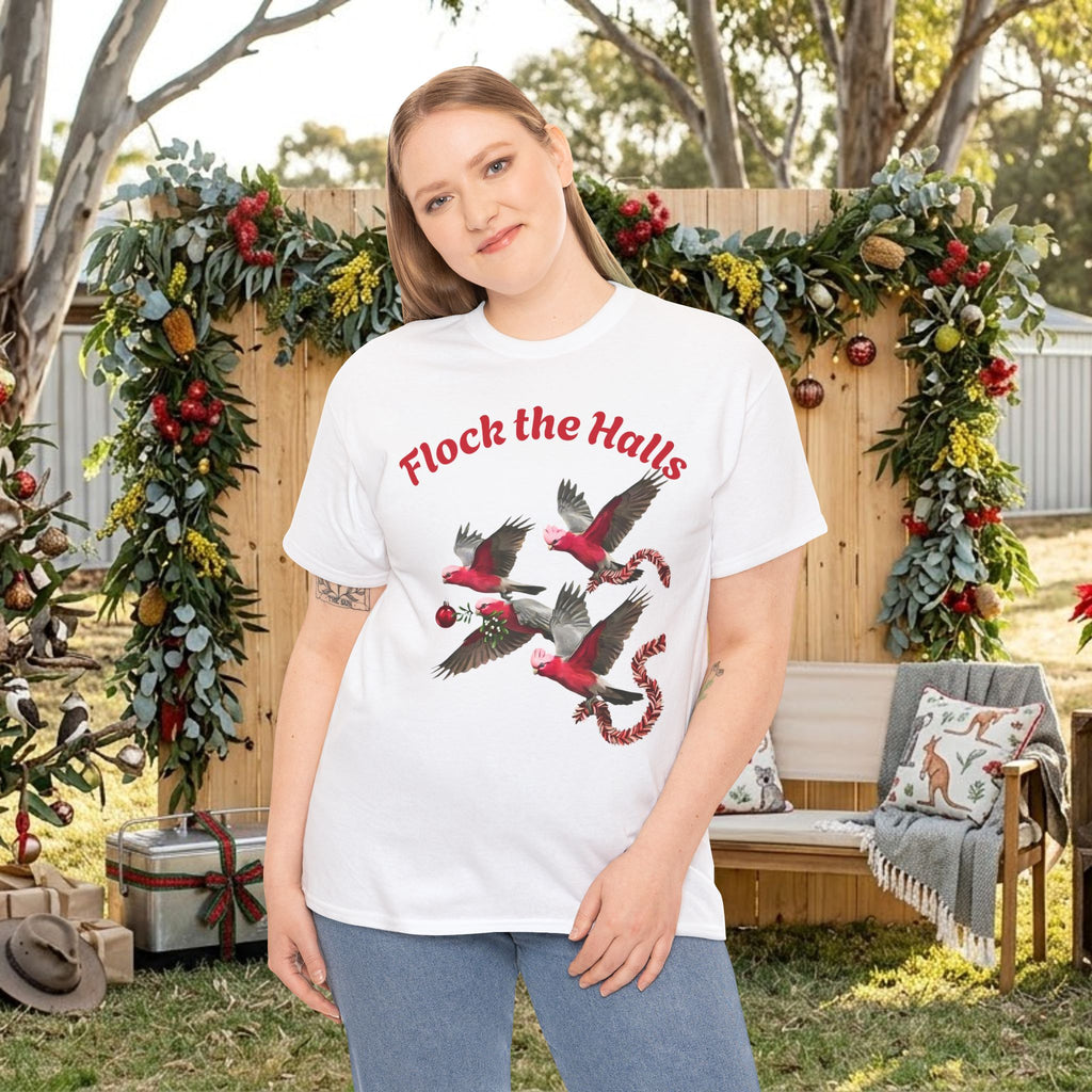White crew-neck holiday T-shirt with red “Flock the Halls” text and cardinal bird art