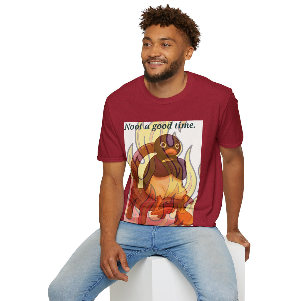 Cardinal red tee with fiery duck graphic and 'Noot a good time' text on front