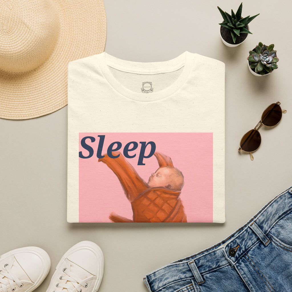 White t-shirt with “Sleep” sleeping baby graphic