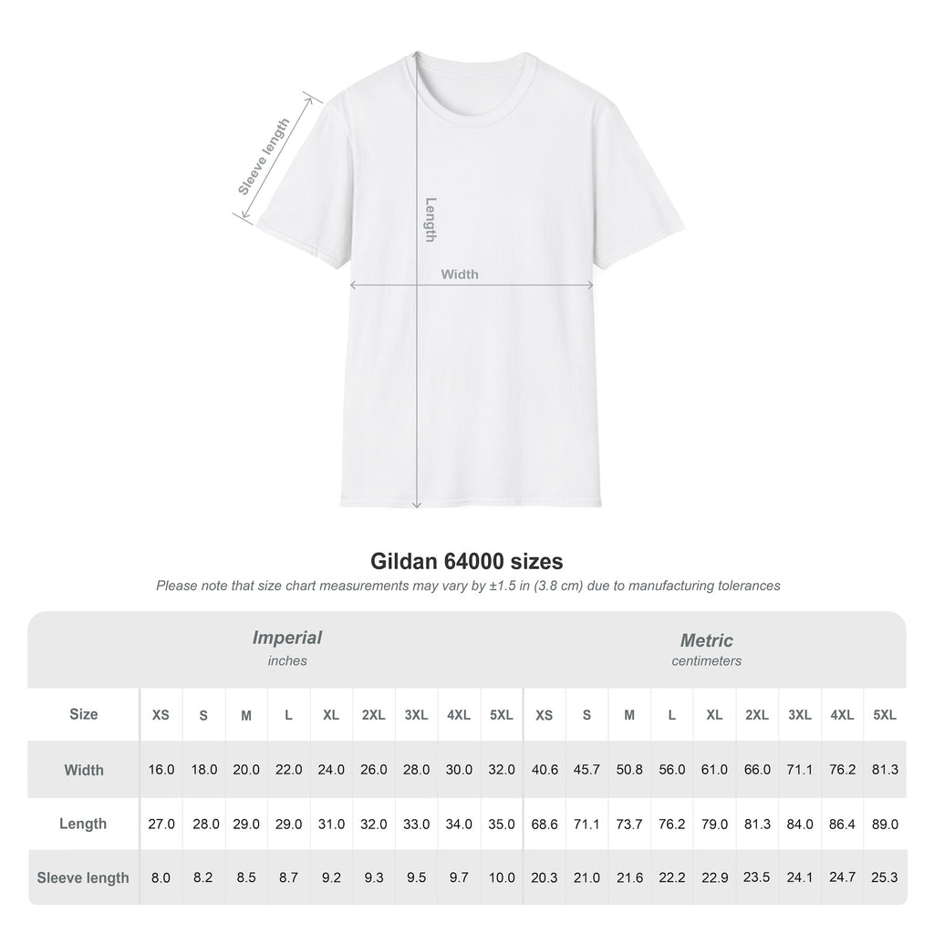 White T-shirt with “Hell-O” opossum graphic; size chart measurement diagram shown