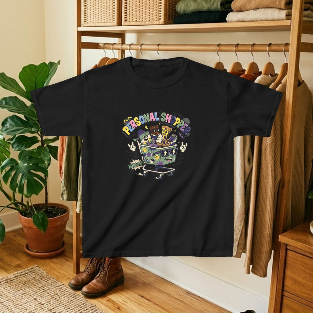 Kids black crewneck graphic tee with colorful shopping-cart and “Personal Shopper” design