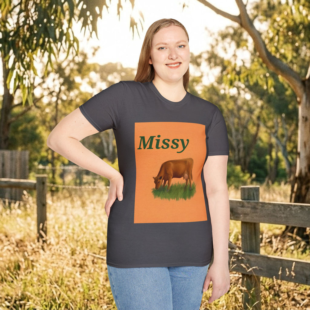 Dark gray cow graphic T-shirt with orange square 'Missy' and grazing cow