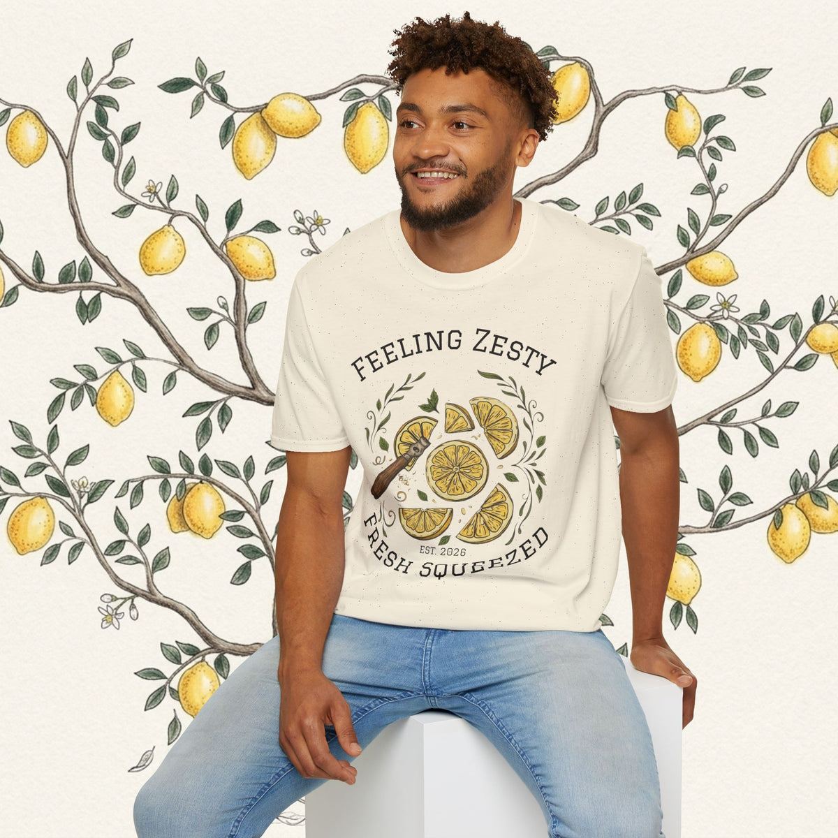 Light cream crew-neck graphic t-shirt with lemon slice graphic and citrus slogan text