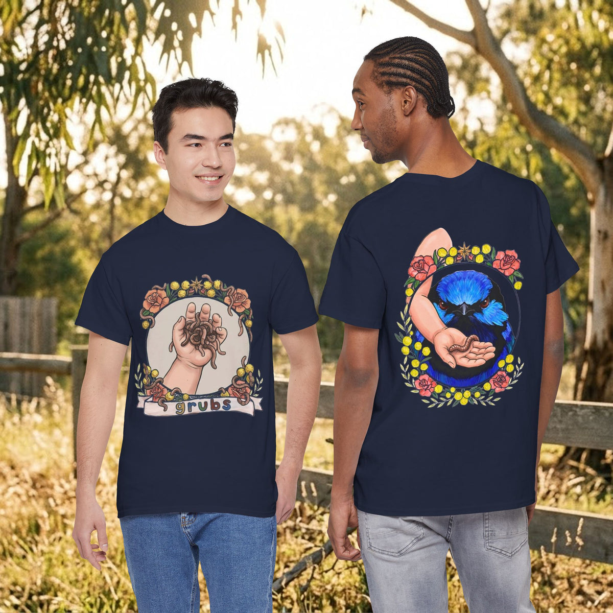 Navy T-shirt with circular tarot hands and blue moon cat illustration on back