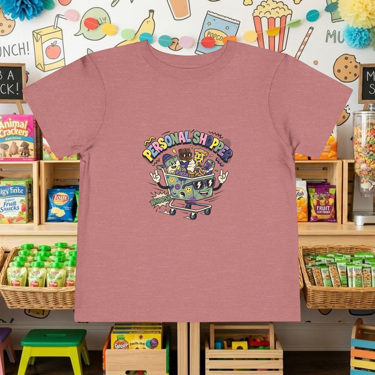 Toddler T-shirt in mauve with “Personal Shopper” shopping cart graphic on front