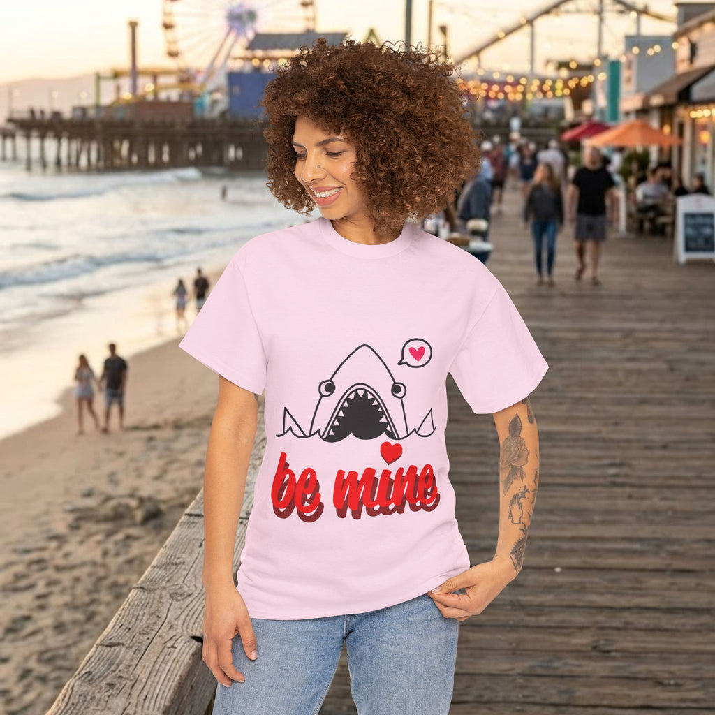 Light pink shark T-shirt with 'be mine' text and hearts, worn by model